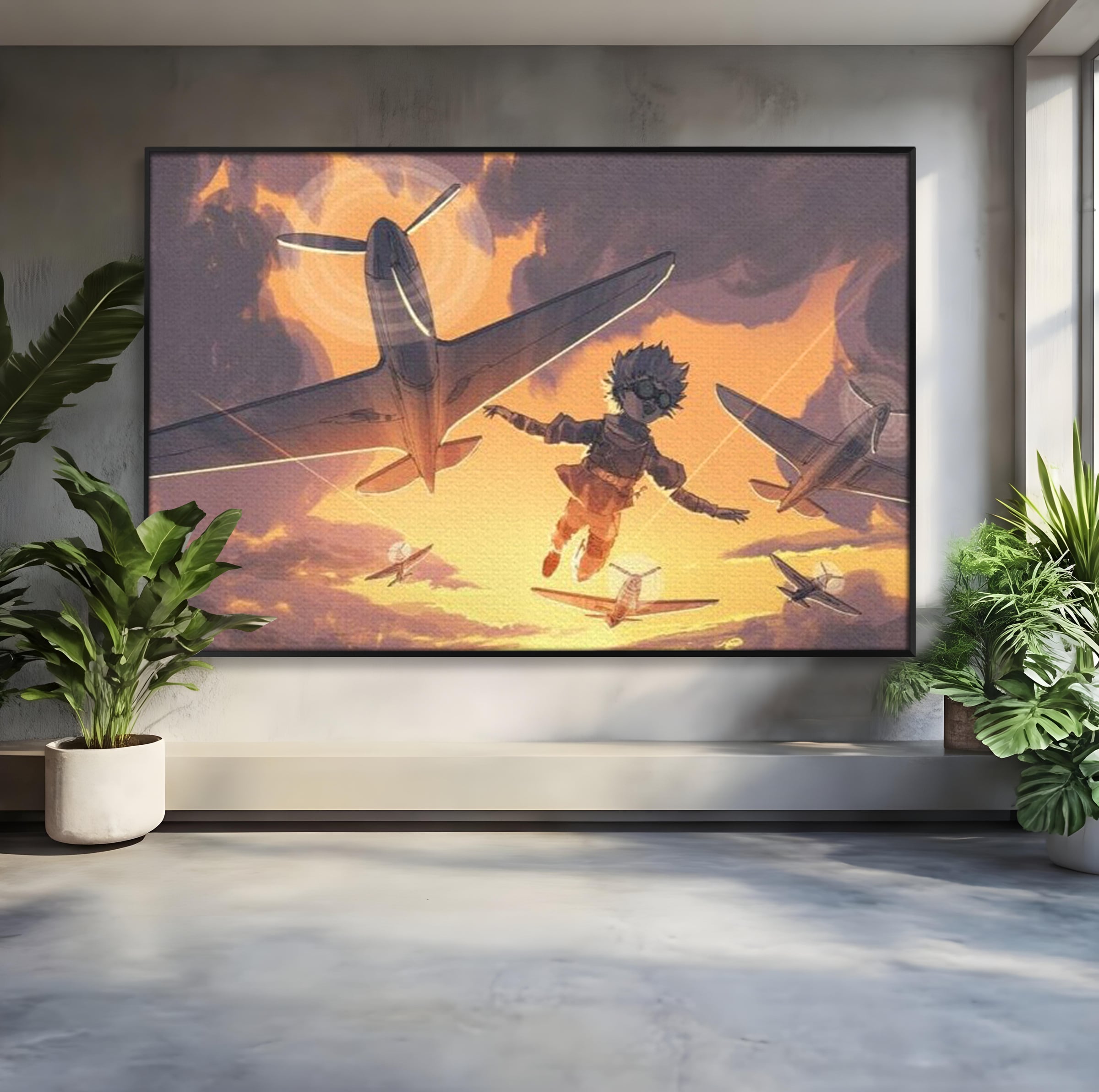 Tablou canvas cu ilustratie digitala cu un baietel zburand alaturi de avioane, in rama de aluminiu negru